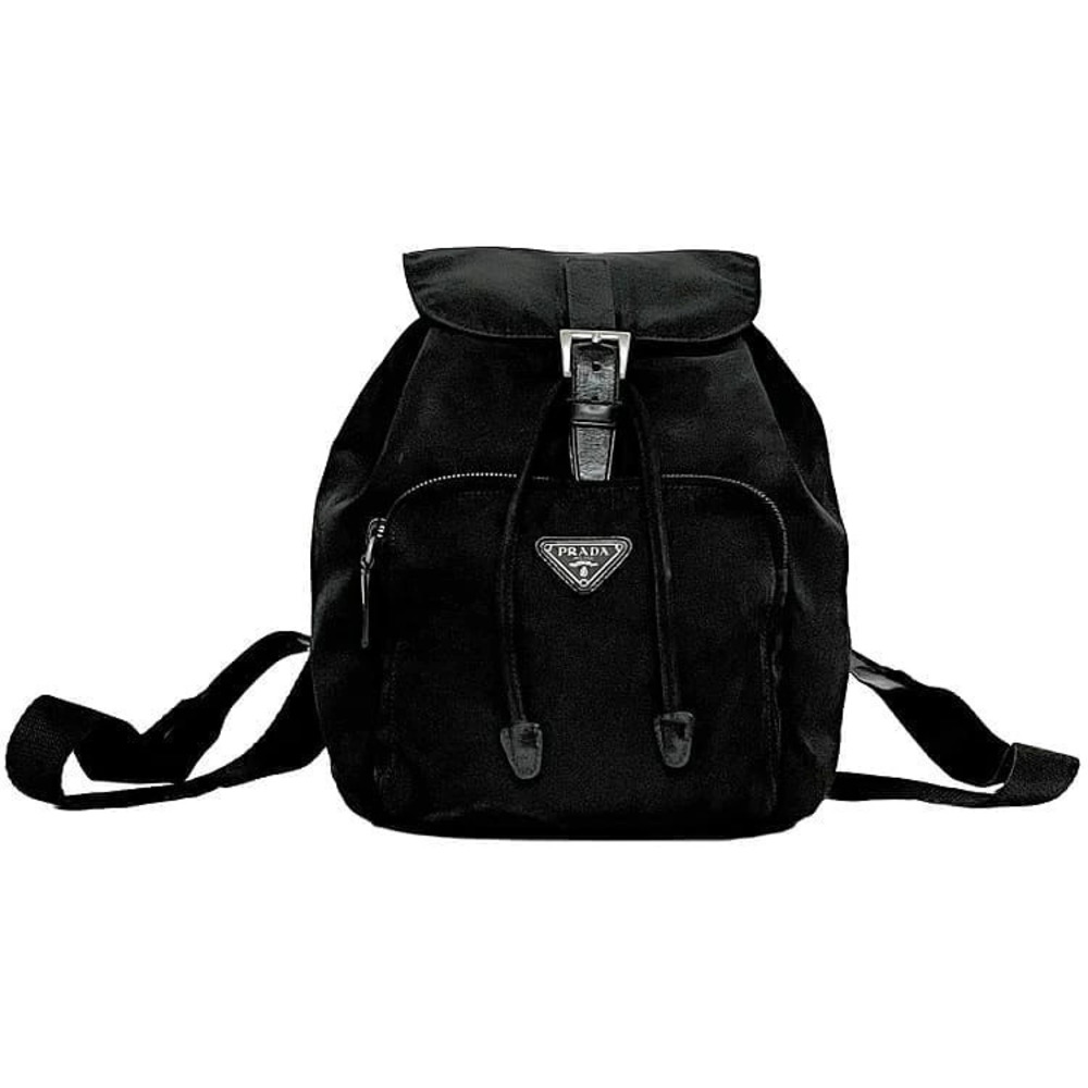 Prada backpack black Nero Black Tessuto leather flap drawstring closure plate